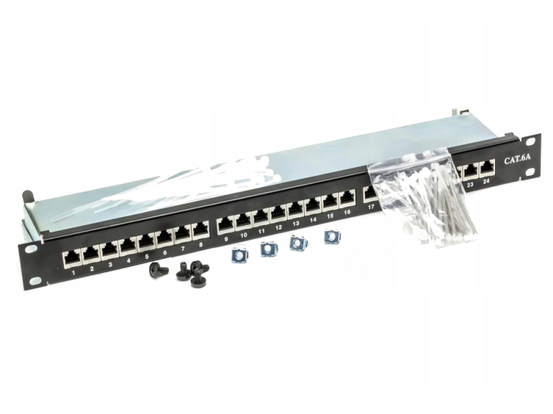 Patch panel Rj45 24 porty, STP, kat. 6A, 1U, 19, krone, uchwyt na kable