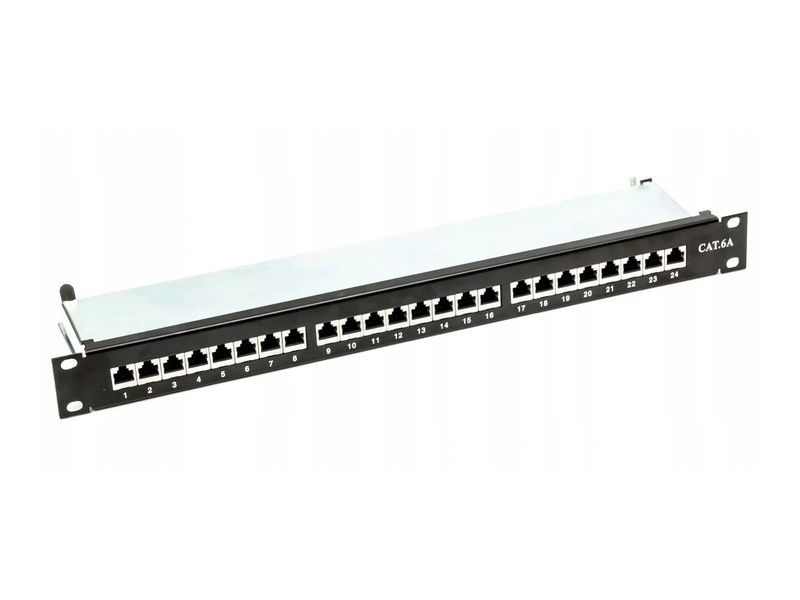 Patch panel Rj45 24 porty, STP, kat. 6A, 1U, 19, krone, uchwyt na kable