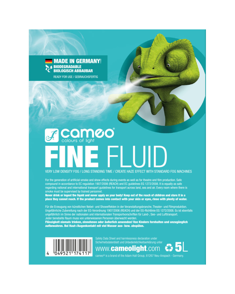 Cameo FINE FLUID 5 L Płyn do wytwarzania mgły o niewielkiej gęstości i bardzo długim okresie trwałości, 5 l