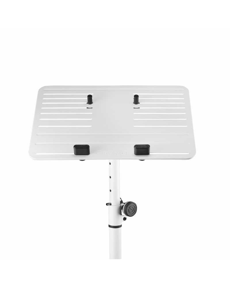 Gravity LTS T 02 W Uniwersalny statyw pod laptopa z regulowanymi kołkami mocującymi i stalową podstawą, biały