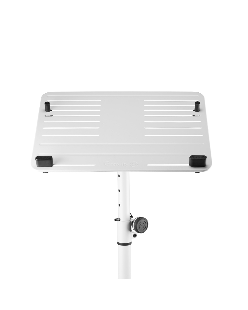 Gravity LTS T 02 W Uniwersalny statyw pod laptopa z regulowanymi kołkami mocującymi i stalową podstawą, biały
