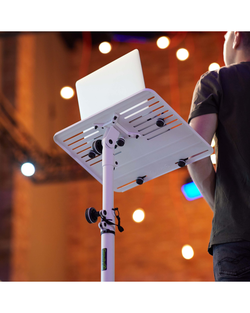 Gravity LTS T 02 W Uniwersalny statyw pod laptopa z regulowanymi kołkami mocującymi i stalową podstawą, biały