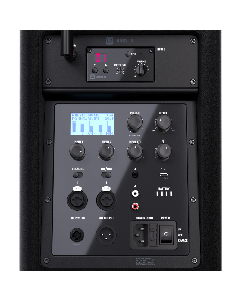 LD Systems ANNY® 8 BPH B5 Przenośny, zasilany bateryjnie głośnik Bluetooth® PA z mikserem i jednym mikrofonem nagłownym (wraz z body pack), Stage Blac