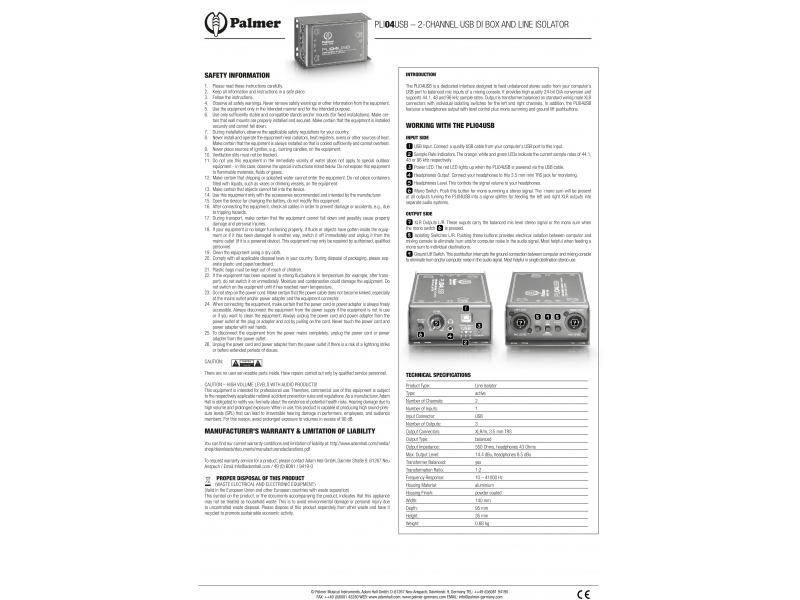 Palmer LI 04 USB DI-Box USB i izolator liniowy